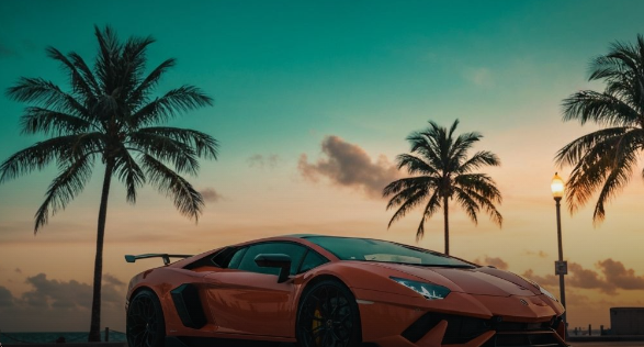 Luxury exotic supercar in Miami Beach at golden hour